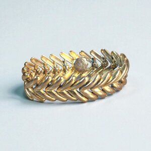 Vintage 1980s Rau Klikit Herringbone Chunky Gold-Tone Chevron Bracelet 7.5" Snap